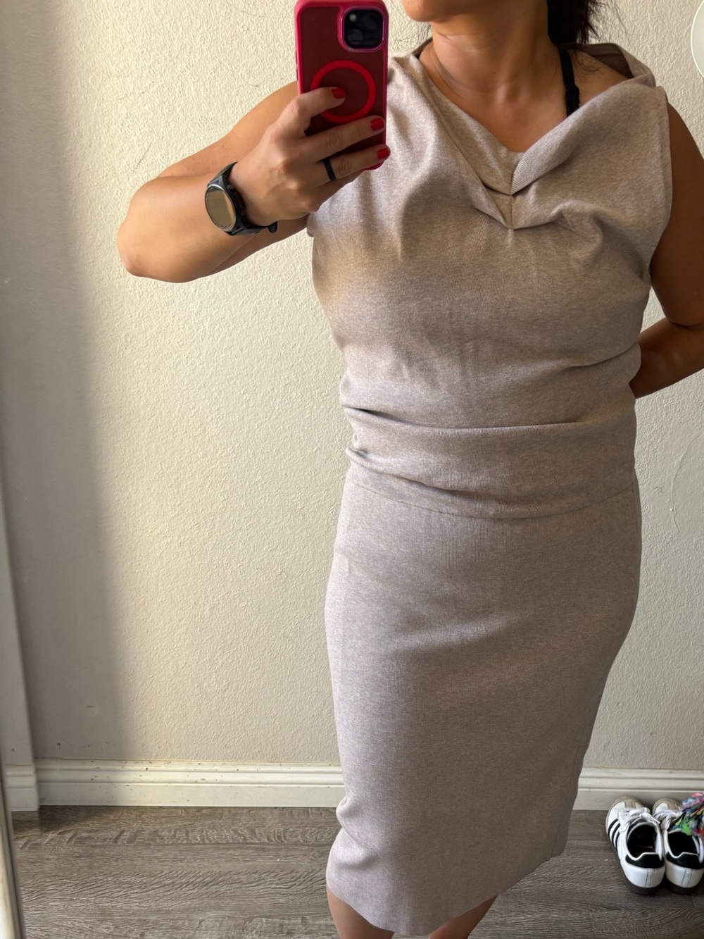 Reiss Taupe Midi Sheath Dress with Draped Neck